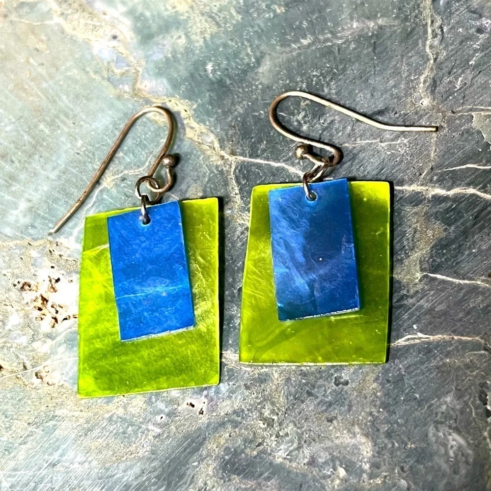 Green/ Blue Dyed Shell Layered Dangle Earrings